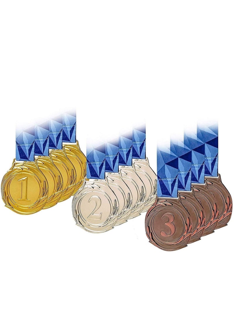 ميداليات فائزة ذهبية وفضية وبرونزية مع شريط رقبة على شكل حرف V للفعاليات والفصول الدراسية والألعاب المكتبية والرياضية؟ ١٢ ميدالية معدنية كبيرة الحجم. - Image 1