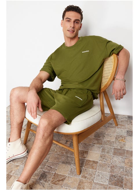 Khaki Tracksuit Set Oversize Text Printed 100% Cotton TMNSS24EM00003