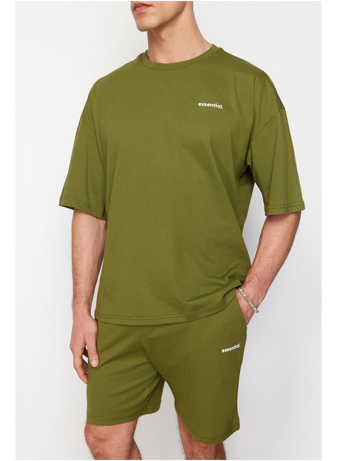 trendyol Khaki Tracksuit Set Oversize Text Printed 100% Cotton TMNSS24EM00003  - Image 5