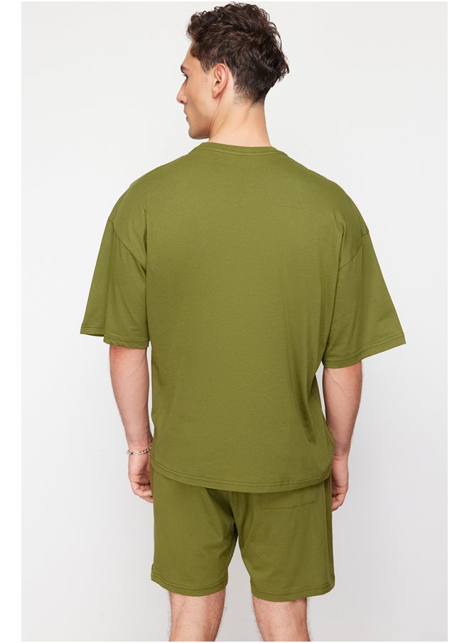 trendyol - Khaki Tracksuit Set Oversize Text Printed 100% Cotton TMNSS24EM00003 - Image 1
