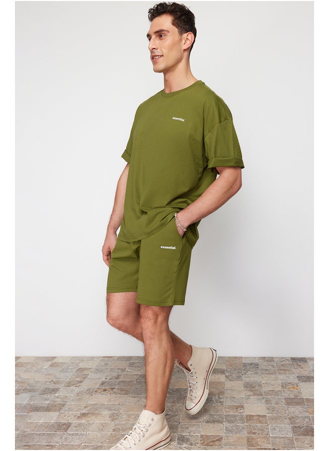 trendyol Khaki Tracksuit Set Oversize Text Printed 100% Cotton TMNSS24EM00003  - Image 3