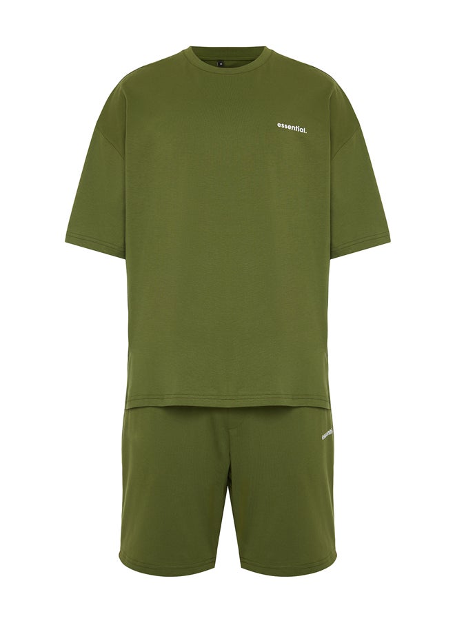 trendyol - Khaki Tracksuit Set Oversize Text Printed 100% Cotton TMNSS24EM00003 - Image 1
