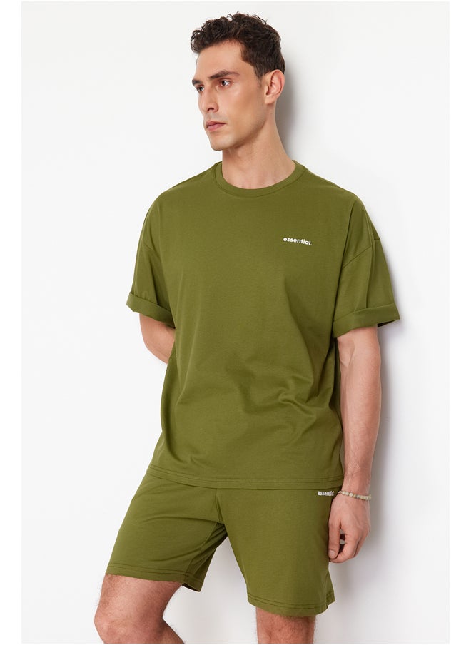 trendyol Khaki Tracksuit Set Oversize Text Printed 100% Cotton TMNSS24EM00003  - Image 4