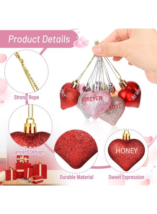 Nebuvark 56PCS Heart Ornaments for Tree - 8 Styles Valentines Heart Shaped Ornaments with Sweet Love Words Heart Baubles for Romantic Valentines Day Tree Decorations Wedding Anniversary Decor - Image 4
