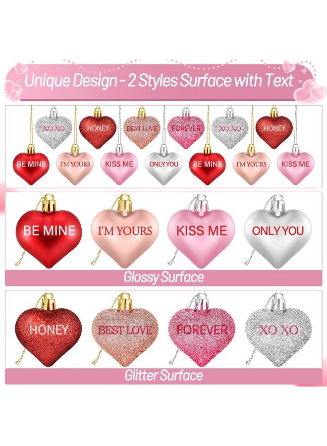 Nebuvark 56PCS Heart Ornaments for Tree - 8 Styles Valentines Heart Shaped Ornaments with Sweet Love Words Heart Baubles for Romantic Valentines Day Tree Decorations Wedding Anniversary Decor - Image 2