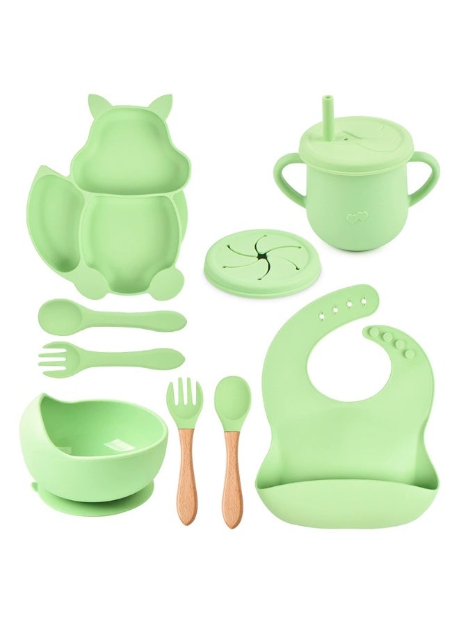 8 Pcs Baby Feeding Set, Food-grade Silicone Baby Tableware Set, Squirrel Baby Cutlery and Plates Set, Non-Slip Infant Dinnerware Set, Baby Self Feeding Utensils