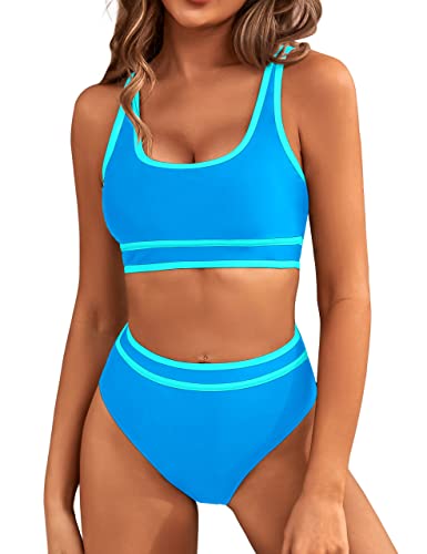 BMJL Women's High Waisted Bikini Sets Sporty Two Piece Swimsuits Color Block Cheeky High Cut Bathing Suits(XL,Blue) - Image 1