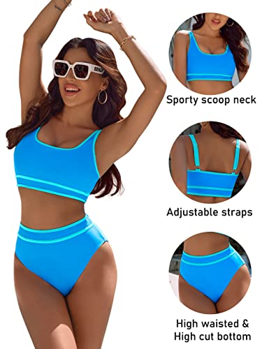 BMJL Women's High Waisted Bikini Sets Sporty Two Piece Swimsuits Color Block Cheeky High Cut Bathing Suits(XL,Blue) - Image 3