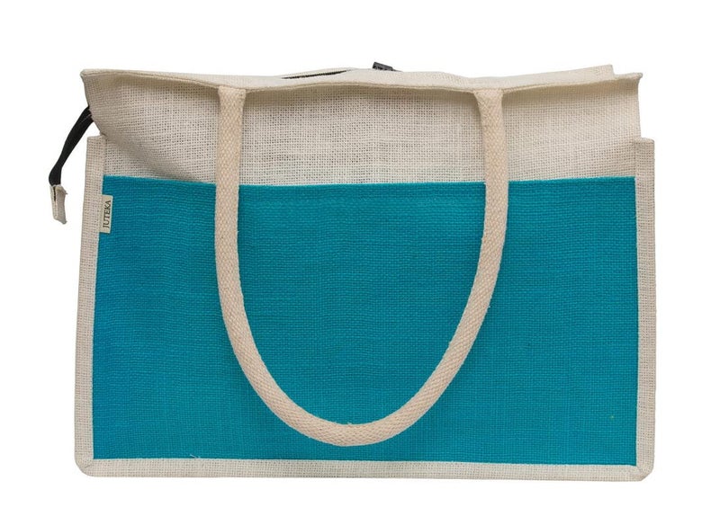 JUTEKA Unisex-Adult Multicolor Spacious Jute Bag With Zipper Closure,Full Size Front Pocket And Large Handles,Shopping Tote - Image 3