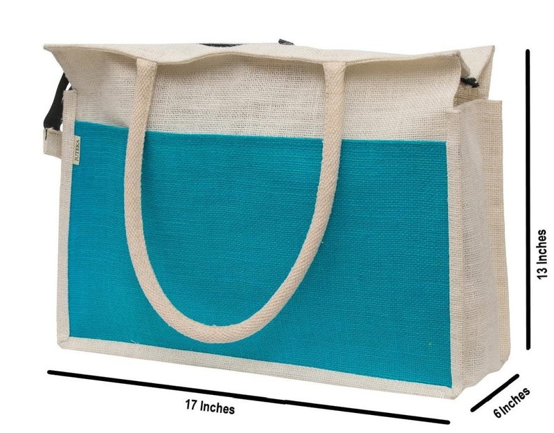 JUTEKA Unisex-Adult Multicolor Spacious Jute Bag With Zipper Closure,Full Size Front Pocket And Large Handles,Shopping Tote - Image 5
