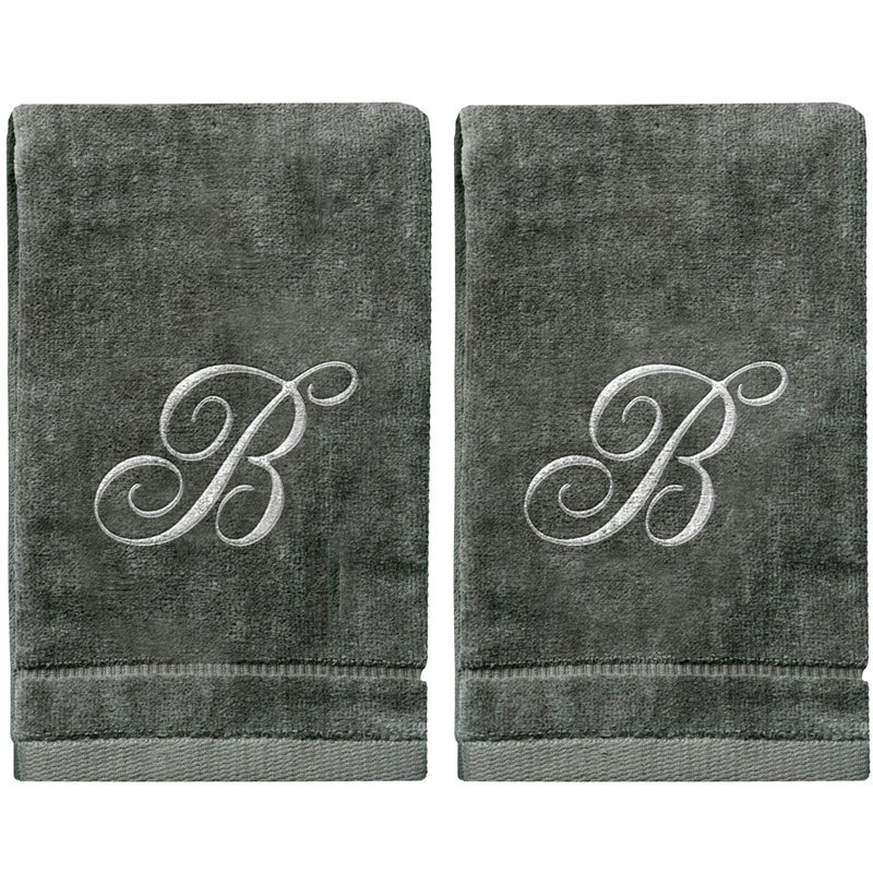 Creative Scents Monogrammed Towels Fingertip Personalized Gift 11 x 18 Inches  Set of 2 Silver Embroidered Towel  Extra Absorbent 100 Cotton Soft Velour Finish  For Bathroom Kitchen Spa Initial B Gray