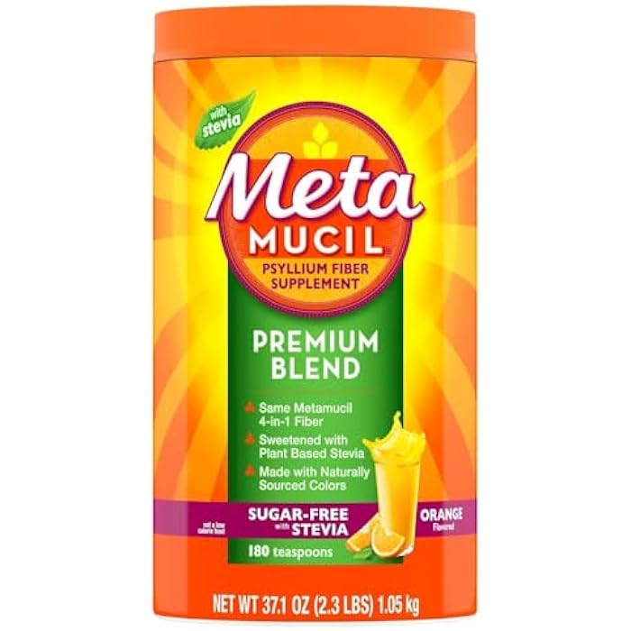Metamucil Premium Blend, 4-in-1 Fiber Supplement for Digestive Health, Psyllium Husk Fiber Powder, Sugar-Free with Stevia, Plant-Based Fiber Supplement, Orange Flavored, 180 teaspoons - Image 1