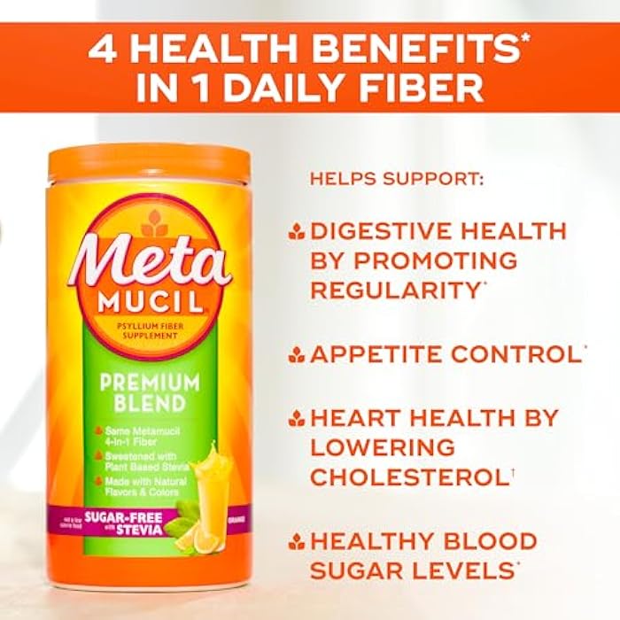 Metamucil Premium Blend, 4-in-1 Fiber Supplement for Digestive Health, Psyllium Husk Fiber Powder, Sugar-Free with Stevia, Plant-Based Fiber Supplement, Orange Flavored, 180 teaspoons - Image 2