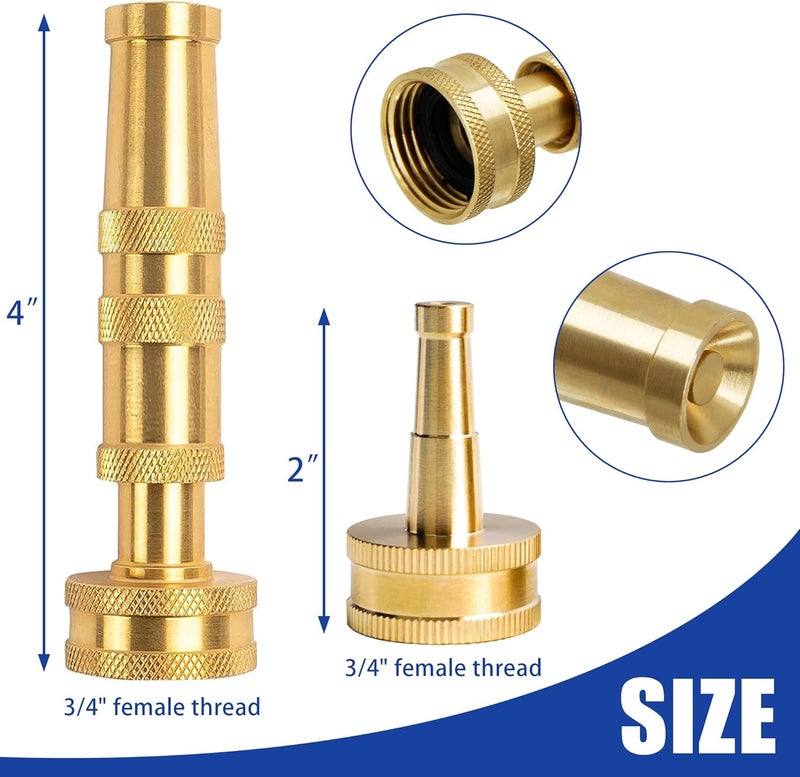 Hourleey 4" Adjustable Twist Hose Nozzle, 2" Heavy-Duty Brass 3/4" GHT Hose Nozzle Jet with 2 Garden Hose Rubber Washers (Nozzle Twist and Nozzle Jet) - Image 2