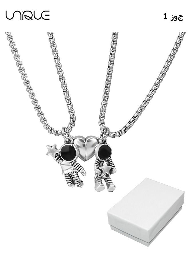 يونيك 2 قطع الإبداعية المغناطيس زوجين قلادة، مطابقة قلادة رائد فضاء قلادة سلسلة الجذب المتبادل للزوج زوجة صديقها صديقة عطلة هدية - Image 1