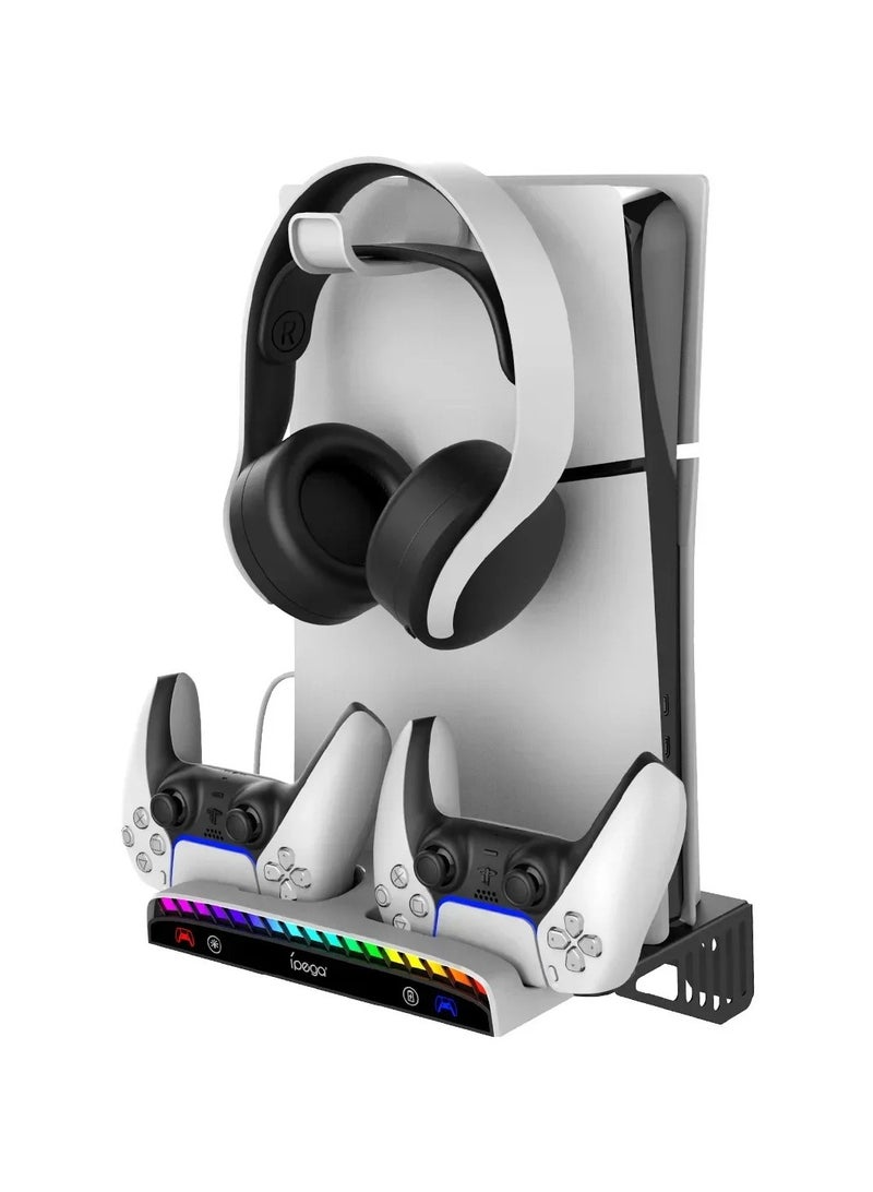 Ipega NEW Wall Mount Kit for PS5 SlimPS5 Console Disc & Digital Dual Charging Station 15 RGB Light 3 USB HUB with Headset Holder - Image 1