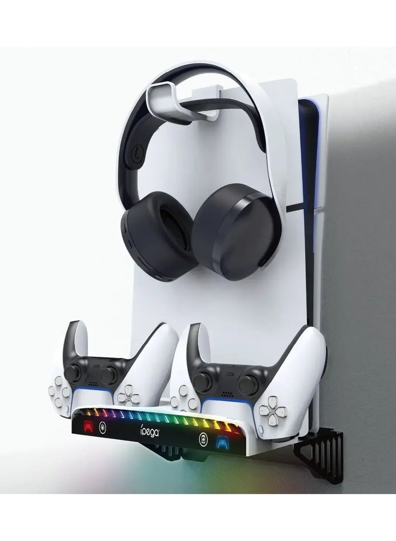 Ipega NEW Wall Mount Kit for PS5 SlimPS5 Console Disc & Digital Dual Charging Station 15 RGB Light 3 USB HUB with Headset Holder - Image 4