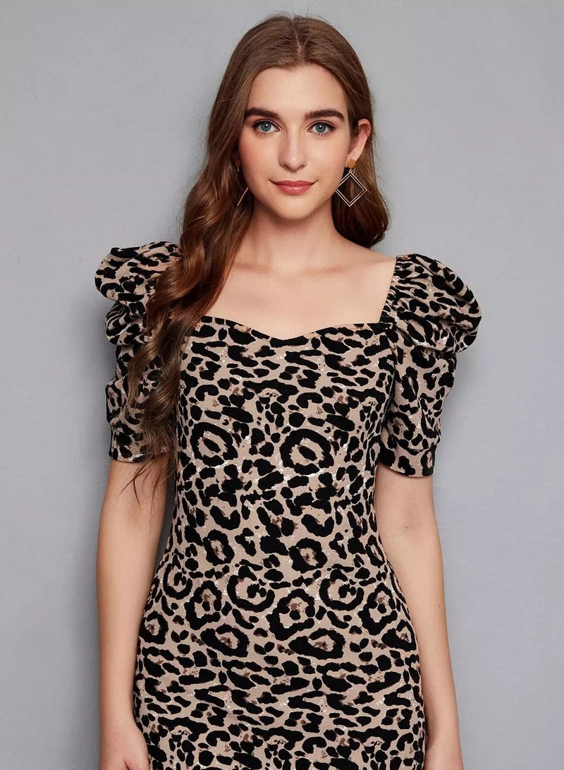 Leopard Print Puff Sleeve Slit Hem Dress  - Image 3