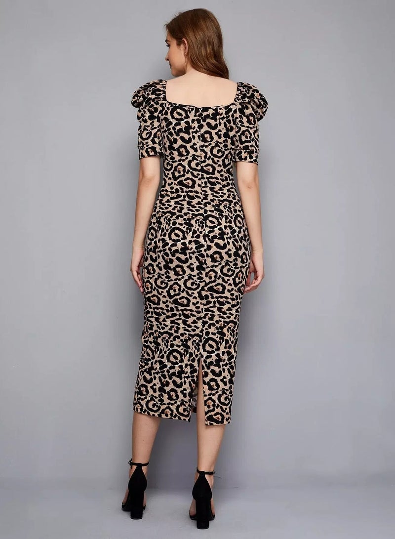 Leopard Print Puff Sleeve Slit Hem Dress  - Image 2