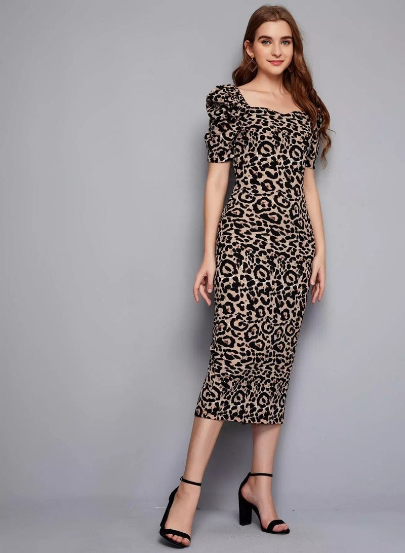 Leopard Print Puff Sleeve Slit Hem Dress  - Image 5