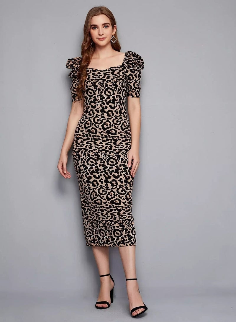 Leopard Print Puff Sleeve Slit Hem Dress  - Image 1