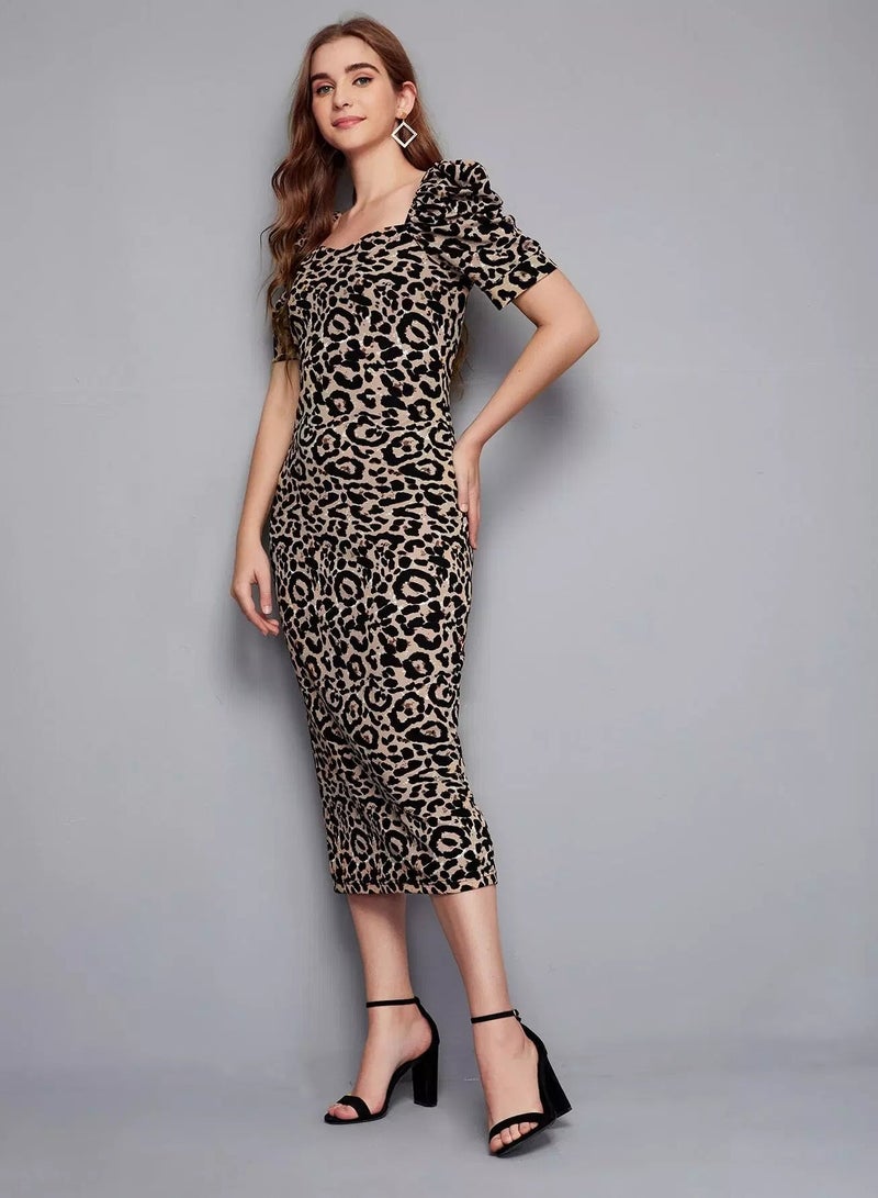 Leopard Print Puff Sleeve Slit Hem Dress  - Image 4
