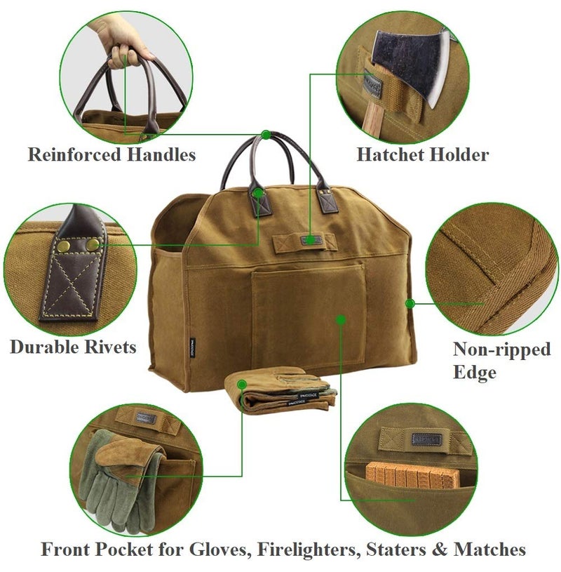 INNO STAGE Firewood Log Carrier Bag Waxed Canvas Tote Holder with Fireplace Pure Leather Gloves for Hay Hauling Outdoor Camping, BBQ Barbecue - Image 4