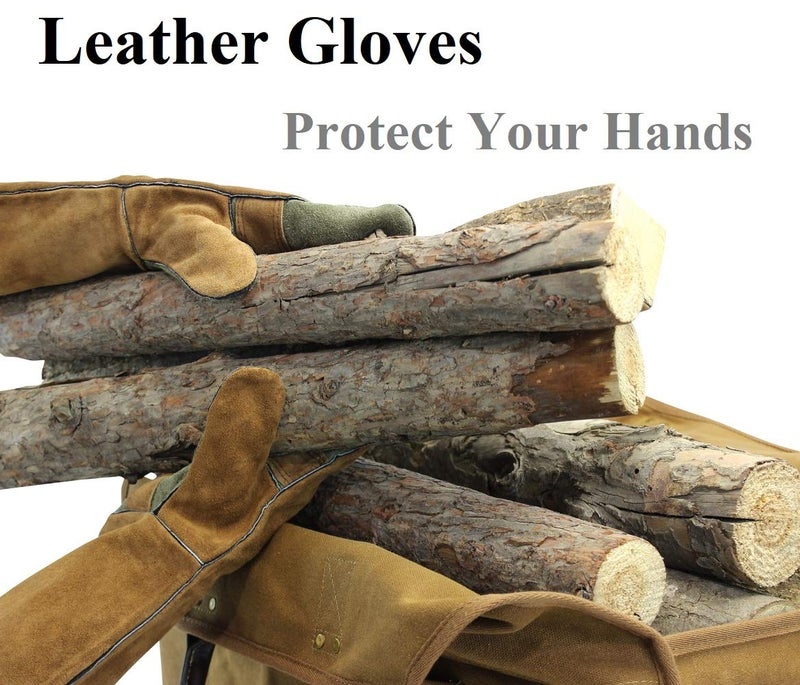 INNO STAGE Firewood Log Carrier Bag Waxed Canvas Tote Holder with Fireplace Pure Leather Gloves for Hay Hauling Outdoor Camping, BBQ Barbecue - Image 3