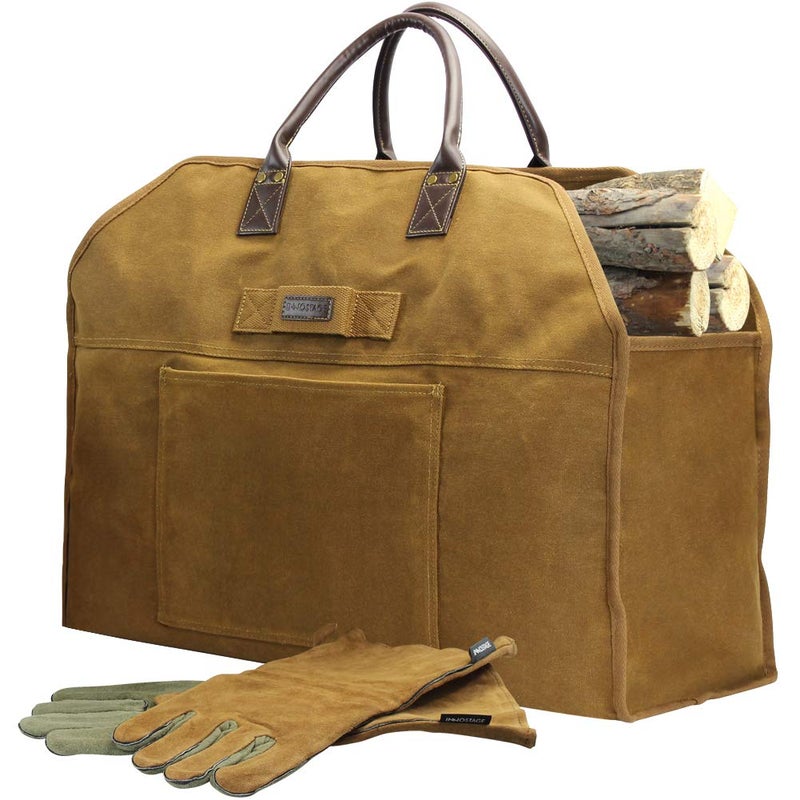 INNO STAGE Firewood Log Carrier Bag Waxed Canvas Tote Holder with Fireplace Pure Leather Gloves for Hay Hauling Outdoor Camping, BBQ Barbecue - Image 1