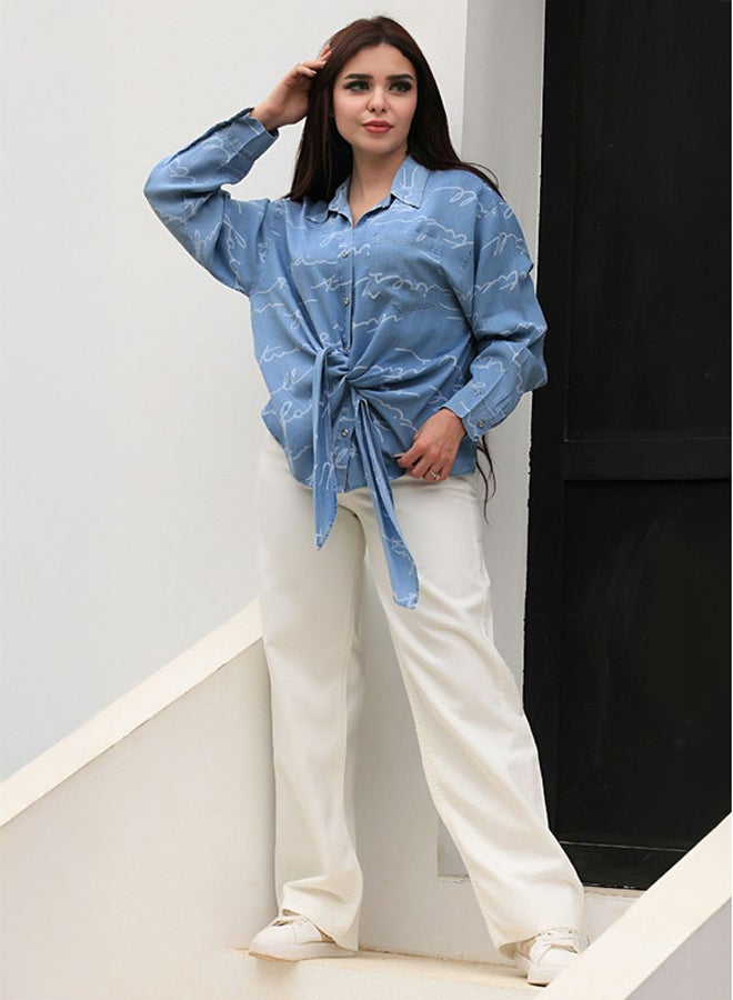 Ship Master Relaxed Fit Blue Denim Shirt with Abstract Print and Front Tie  - Image 2