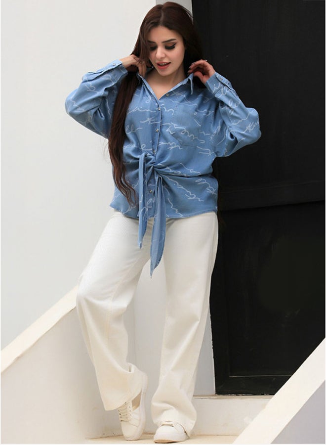 Ship Master Relaxed Fit Blue Denim Shirt with Abstract Print and Front Tie  - Image 1