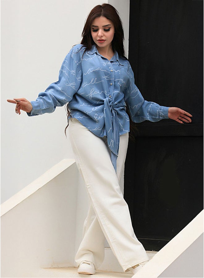 Ship Master Relaxed Fit Blue Denim Shirt with Abstract Print and Front Tie  - Image 3