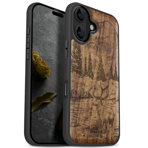 Carveit Magnetic Wooden Case for iPhone 17 Case, Wood Artisan Engraved & Black Soft TPU Shockproof Cover, Compatible with MagSafe Wireless Chargers (Mountains and Deer) Walnut - Image 1