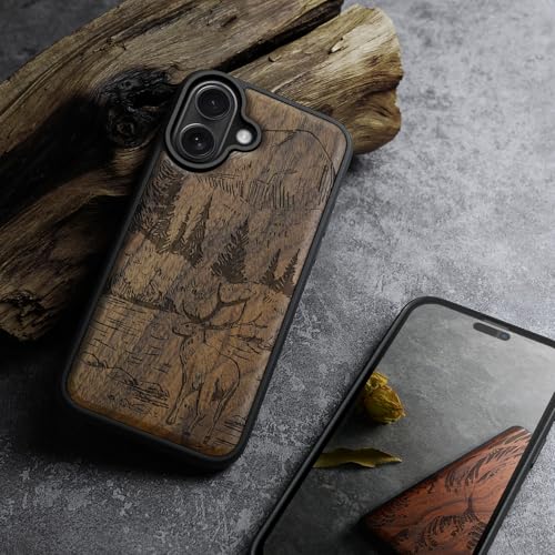 Carveit Magnetic Wooden Case for iPhone 17 Case, Wood Artisan Engraved & Black Soft TPU Shockproof Cover, Compatible with MagSafe Wireless Chargers (Mountains and Deer) Walnut - Image 3