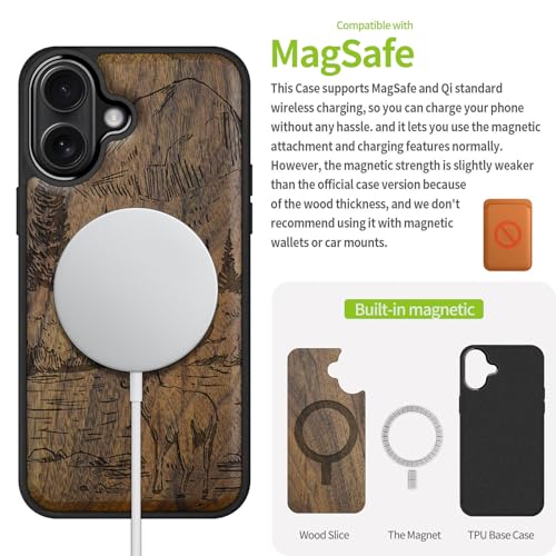 Carveit Magnetic Wooden Case for iPhone 17 Case, Wood Artisan Engraved & Black Soft TPU Shockproof Cover, Compatible with MagSafe Wireless Chargers (Mountains and Deer) Walnut - Image 4