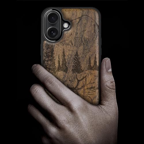Carveit Magnetic Wooden Case for iPhone 17 Case, Wood Artisan Engraved & Black Soft TPU Shockproof Cover, Compatible with MagSafe Wireless Chargers (Mountains and Deer) Walnut - Image 2