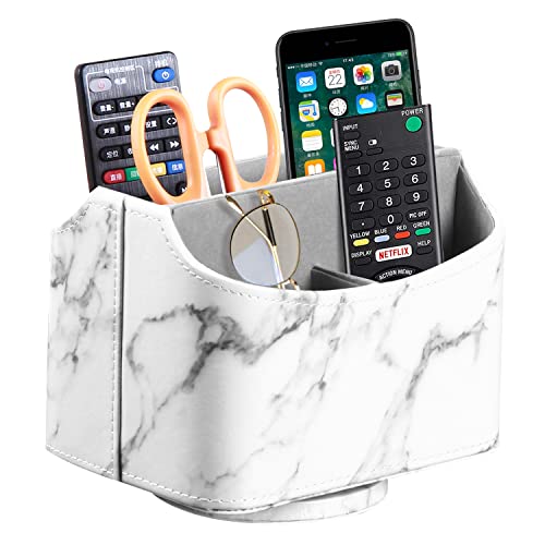 PUSU Leather 360°Rotatable Remote Control Holder,Nightstand TV Remote Caddy,Office Supplies Desktop Organizer,Spinning Storage Box for Pen,Mail,Phone,DVD, Blu-Ray, Media Player, Heater Controllers - Image 1