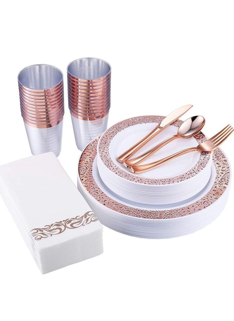 Alissa 175 Pieces Rose Gold Lace Design Dinnerware Set Lace Plastic Plates Plastic Cups Paper Napkins Spoon Forks Knives Tableware Party Supplies  - Image 1