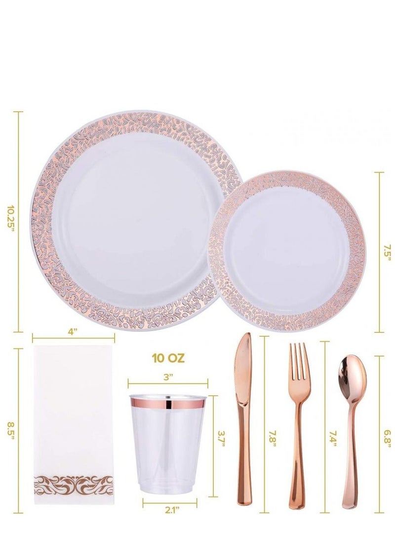 Alissa 175 Pieces Rose Gold Lace Design Dinnerware Set Lace Plastic Plates Plastic Cups Paper Napkins Spoon Forks Knives Tableware Party Supplies  - Image 2