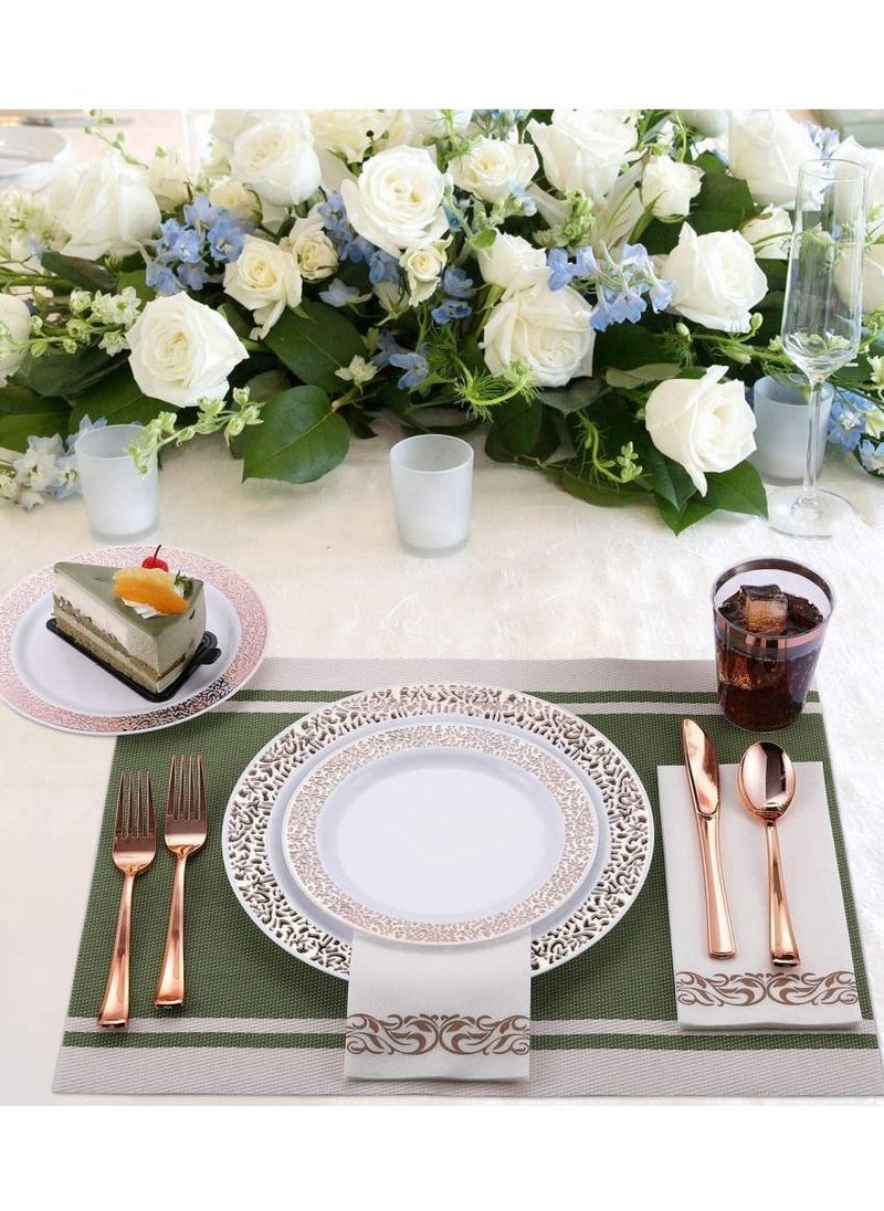 Alissa 175 Pieces Rose Gold Lace Design Dinnerware Set Lace Plastic Plates Plastic Cups Paper Napkins Spoon Forks Knives Tableware Party Supplies  - Image 5