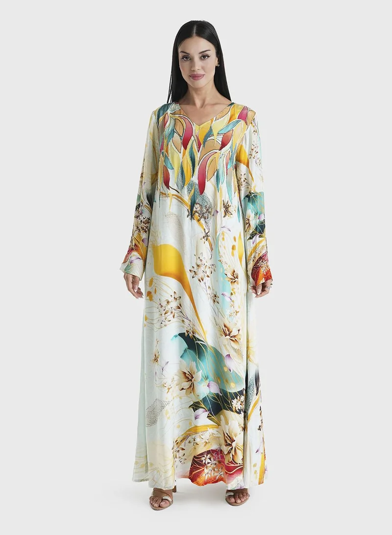 KASHKHA Multi Floral and Abstract Printed Viscose Crepe Jalabiya (VDU850)