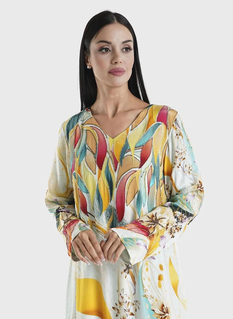KASHKHA Multi Floral and Abstract Printed Viscose Crepe Jalabiya (VDU850)