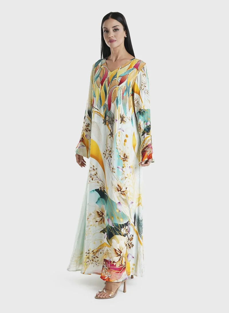 KASHKHA  Multi Floral and Abstract Printed Viscose Crepe Jalabiya (VDU850) for Women | Best Price UAE