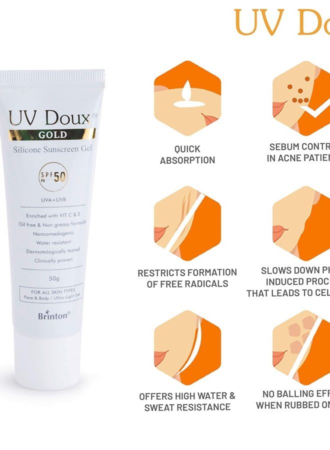 Brinton جل واقي شمس سيليكون ذهبي UV دوكس SPF 50 pa+++ UVA/UVB مع طيف واسع، مقاوم للماء أفضل واقي شمس SPF للنساء، 50 جرام - Image 2
