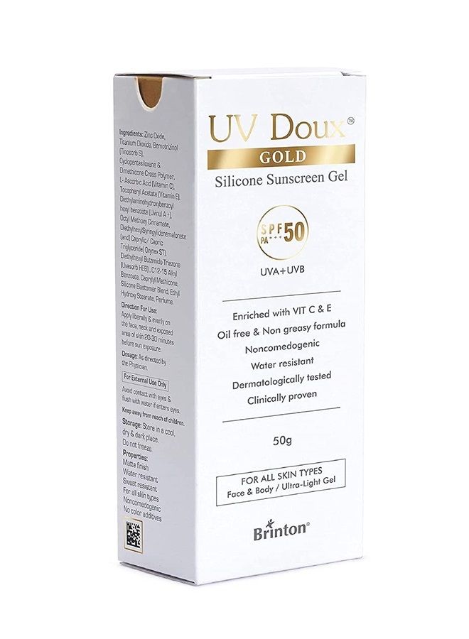 Brinton جل واقي شمس سيليكون ذهبي UV دوكس SPF 50 pa+++ UVA/UVB مع طيف واسع، مقاوم للماء أفضل واقي شمس SPF للنساء، 50 جرام - Image 1