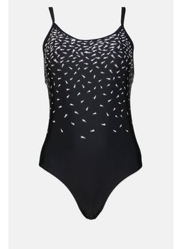 Women Allover Print One Piece Swimwear, Black