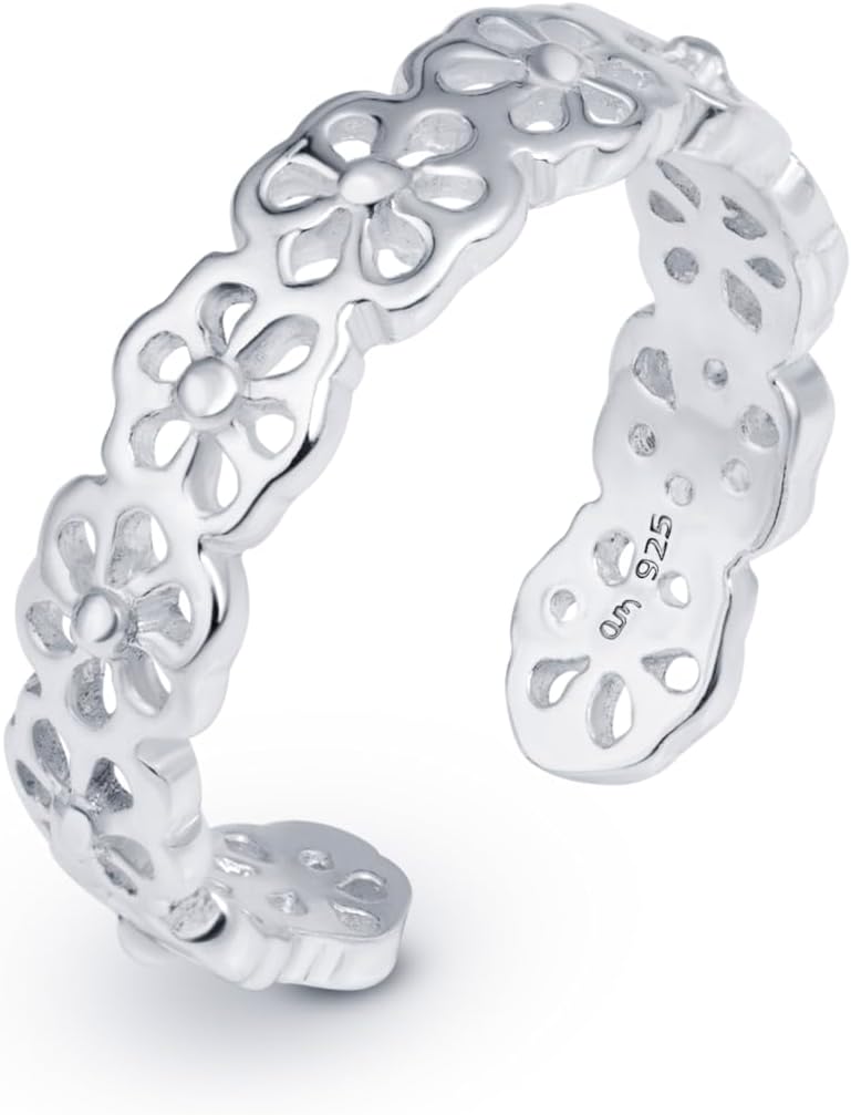 Amberta Adjustable 925 Sterling Silver Toe Ring for Women | Wave Hearts Flower Dolphin Crown Leaf Boho Foot Jewelry - Image 1