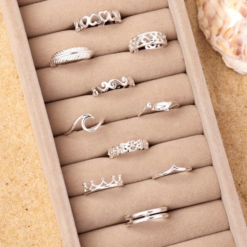 Amberta Adjustable 925 Sterling Silver Toe Ring for Women | Wave Hearts Flower Dolphin Crown Leaf Boho Foot Jewelry - Image 3