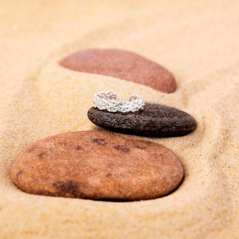 Amberta Adjustable 925 Sterling Silver Toe Ring for Women | Wave Hearts Flower Dolphin Crown Leaf Boho Foot Jewelry - Image 4