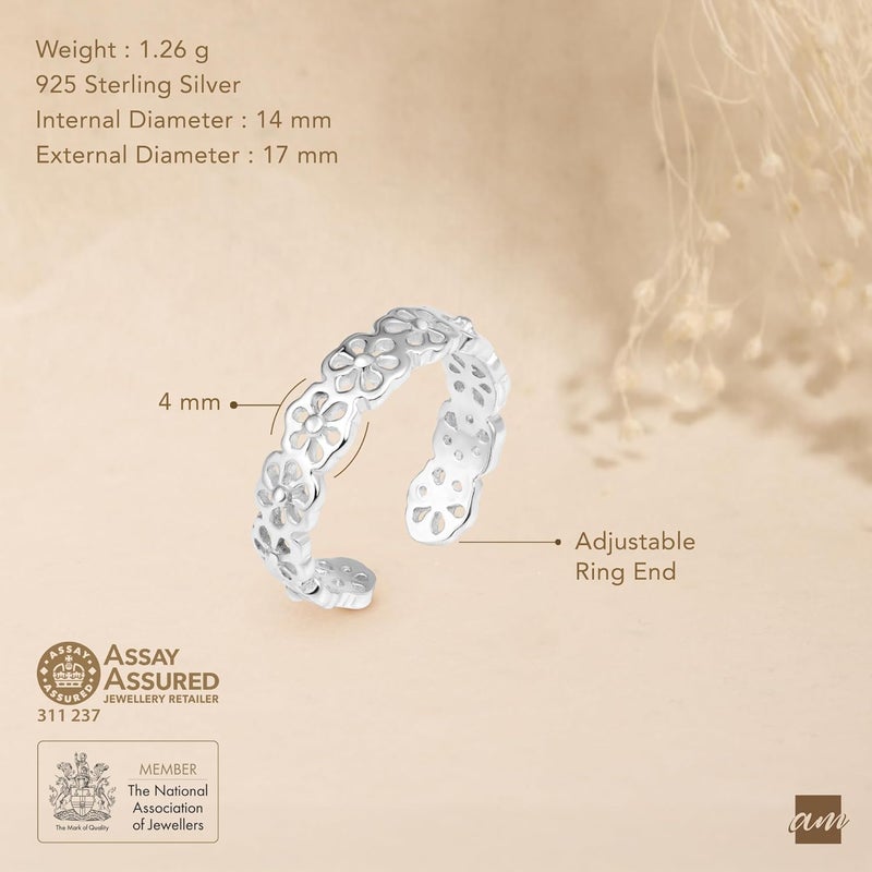 Amberta Adjustable 925 Sterling Silver Toe Ring for Women | Wave Hearts Flower Dolphin Crown Leaf Boho Foot Jewelry - Image 5
